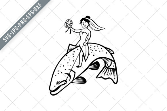 Bride Fisherman Riding Steelhead Trout Graphics and Illustrations