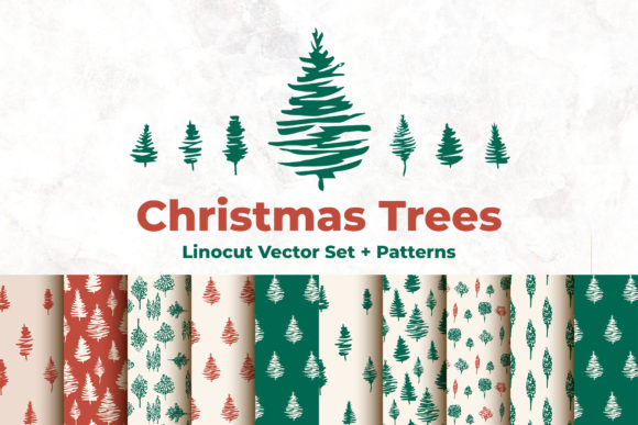 Christmas Trees - Linocut Vector Set for Graphics & Illustrations